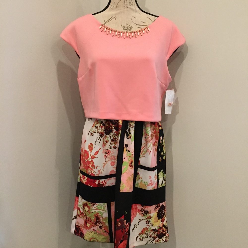 Red Saks Fifth Avenue Pink/ Black Dress Sz 10 NWT!